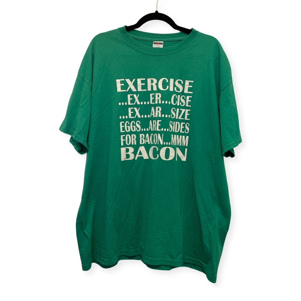 Men's 2XL green t-shirt with funny bacon phrase